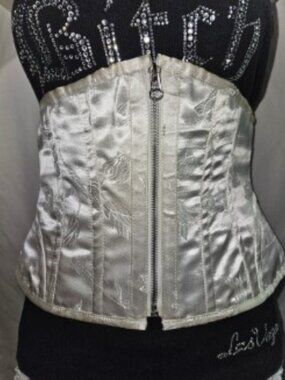 NWT 28"/L WHITE BROCADE zipper corset tight lacing BRIDAL STEEL BONED